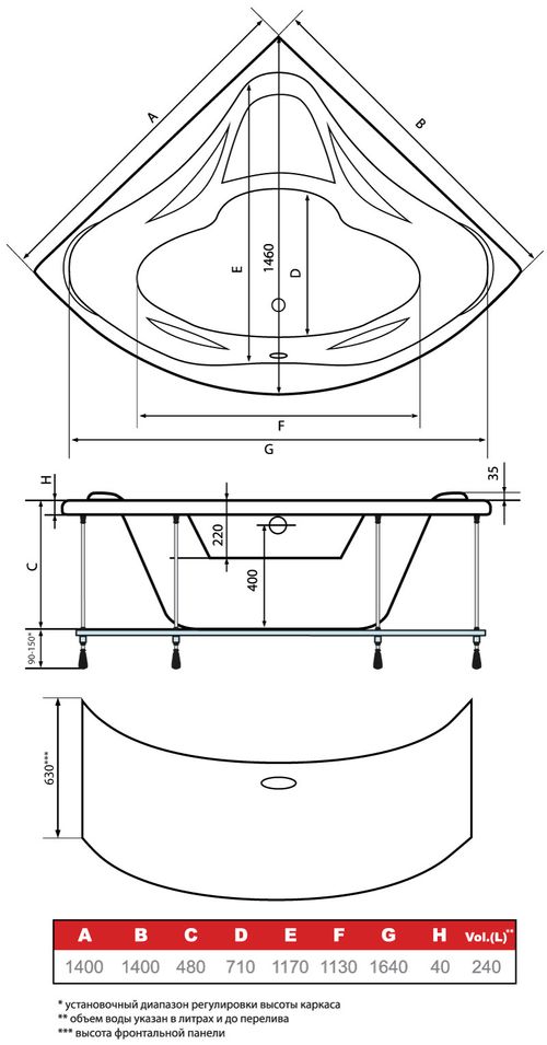 Схема с размерами ванны HusKarl Gerda NEW