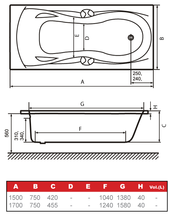 Схема с размерами ванны HusKarl Haf